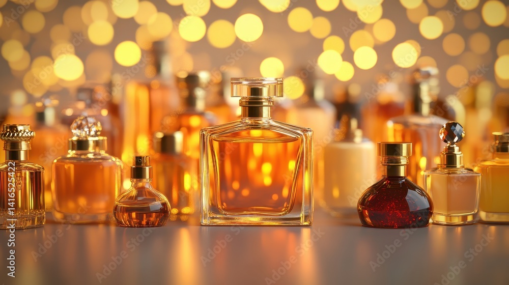 Luxury perfume bottles are on display with bokeh lights in background. Use this image for beauty ads, branding, or cosmetic marketing. Luxury perfume bottles are on display with bokeh lights in background. Use this image for beauty ads, branding, or cosmetic marketing.