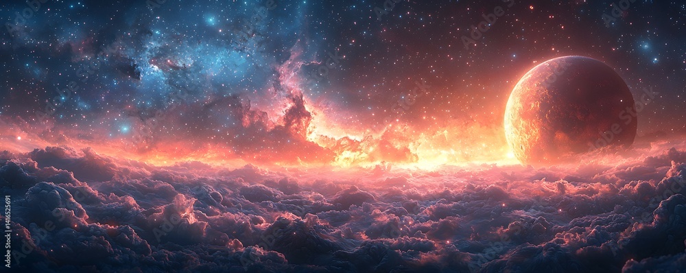 Fototapeta premium Serene galaxy with a glowing moon and swirling stars