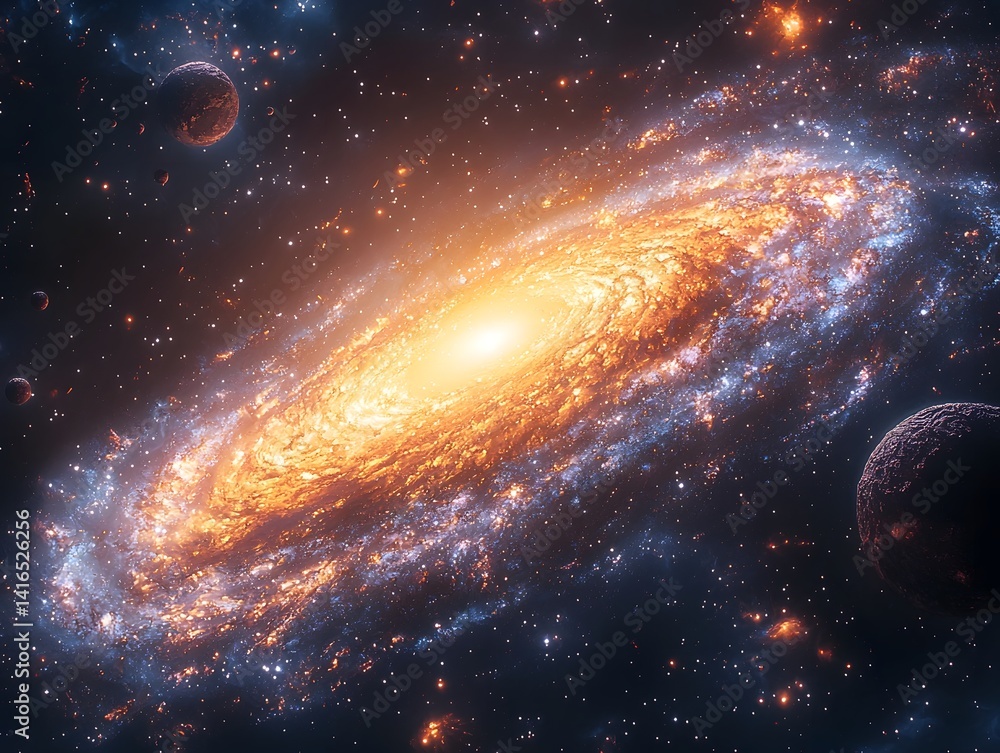 Obraz premium Majestic galaxy filled with swirling stars and orbiting celestial bodies