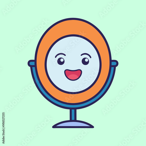 Happy cartoon mirror with a round awareness vector illustration, Self love theme orange frame and a light blue stand