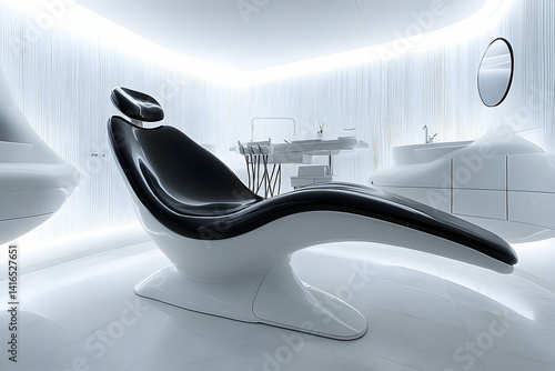 Sleek, modern dental chair in a futuristic treatment room.