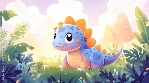Obraz na płótnie Cute dinosaur in a vibrant landscape (6) w salonie