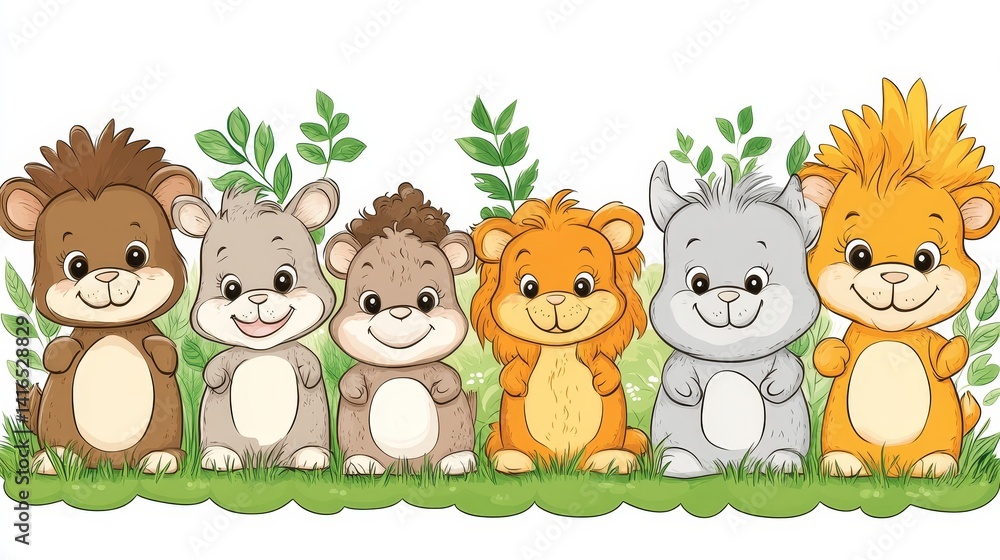 Naklejka premium Cute cartoon animal friends in a garden setting, perfect for children's book illustrations or cheerful nursery decor with whimsical charm