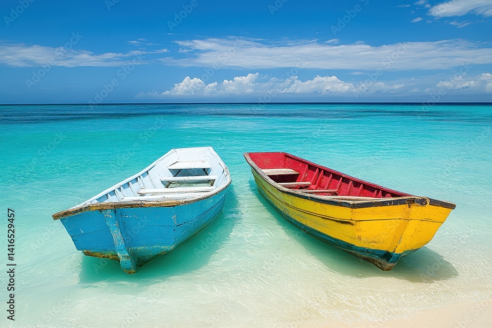 Naklejka premium Two Brightly Colored Boats Floating on Clear Tropical Water. Blue and Yellow Wooden Rowboats on Shallow Beach Shore with Turquoise Sea and Sunny Blue Sky, Peaceful Summer Vacation and Island Paradise 