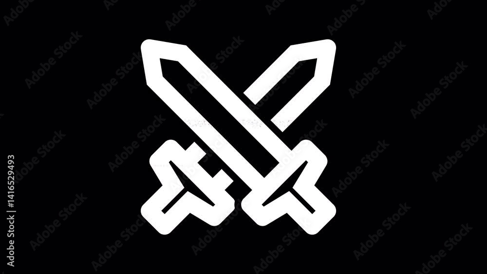 Icon swords is distorted. Glitch. Noise, chromatic aberration, geometric distortion. Transparent background, looped. In-Out looped. Alpha BW at the end Icon swords is distorted. Glitch. Noise, chromatic aberration, geometric distortion. Transparent background, looped. In-Out looped. Alpha BW at the end