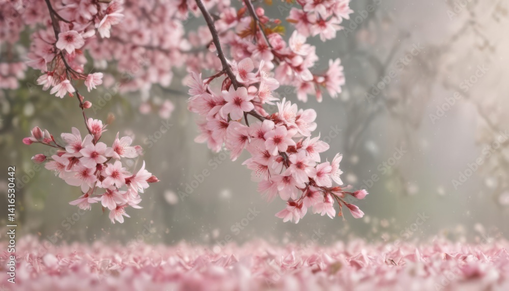 Fototapeta premium Delicate pink sakura petals drift on soft-focus spring background , nature background, cherry, falling