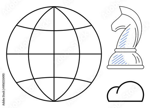 Globe grid symbolizing global reach, chess knight for strategy, and cloud for technology. Ideal for business, innovation, strategy, technology, globalization networking decision-making. Flat simple