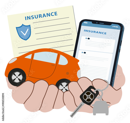 Vector illustration depicting car insurance with a miniature car, keys, and insurance documents held in two hands, emphasizing the concept of protection and policy management in a digital era.