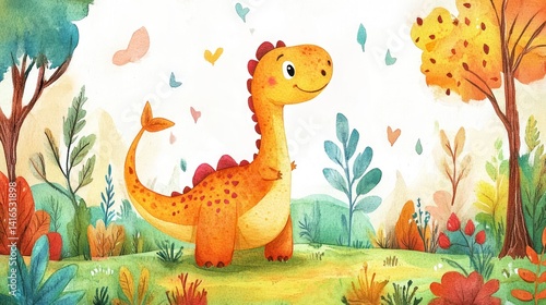 Fototapeta Naklejka Na Ścianę i Meble -  Cute dinosaur in autumnal forest (5)