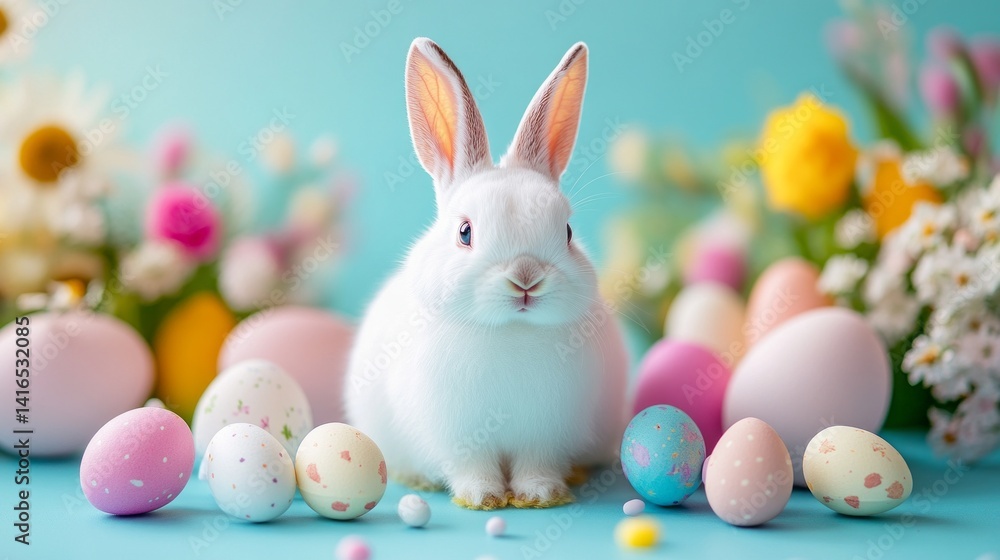 A white rabbit is standing in front of a bunch of Easter eggs A white rabbit is standing in front of a bunch of Easter eggs