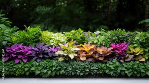Wallpaper Mural Vibrant multicolored foliage border.  A diverse array of plants with a spectrum of colors, from deep purples and reds to yellows and greens, arranged in a horizontal garden border Torontodigital.ca