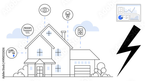 Modern house linked to smart systems including lighting, security, water control, HVAC, and appliances. Ideal for automation, energy efficiency, security, IoT technology innovation simple landing
