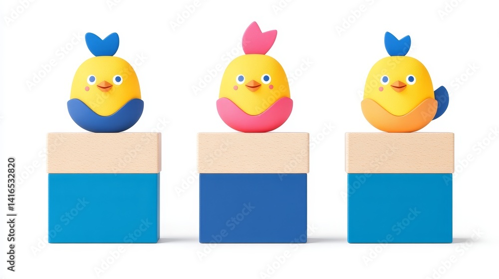 Obraz premium Delightful row of cheerful handmade avian toys on wooden blocks charming birds in a vibrant and playful arrangement whimsical composition minimal style