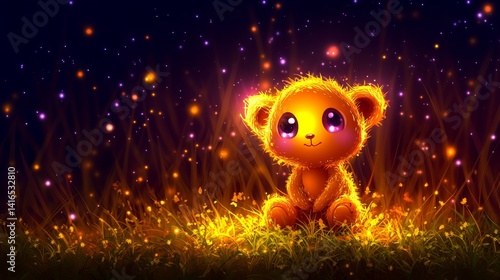 Luminous cartoon bear illustration radiating warmth amidst shimmering magical fireflies at night evoking a sense of wonder and enchantment
