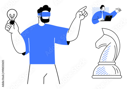 Person wearing VR headset holding lightbulb and pointing, chess knight symbolizing strategy, coworker on laptop. Ideal for innovation, strategy, teamwork, remote work, technology, problem-solving