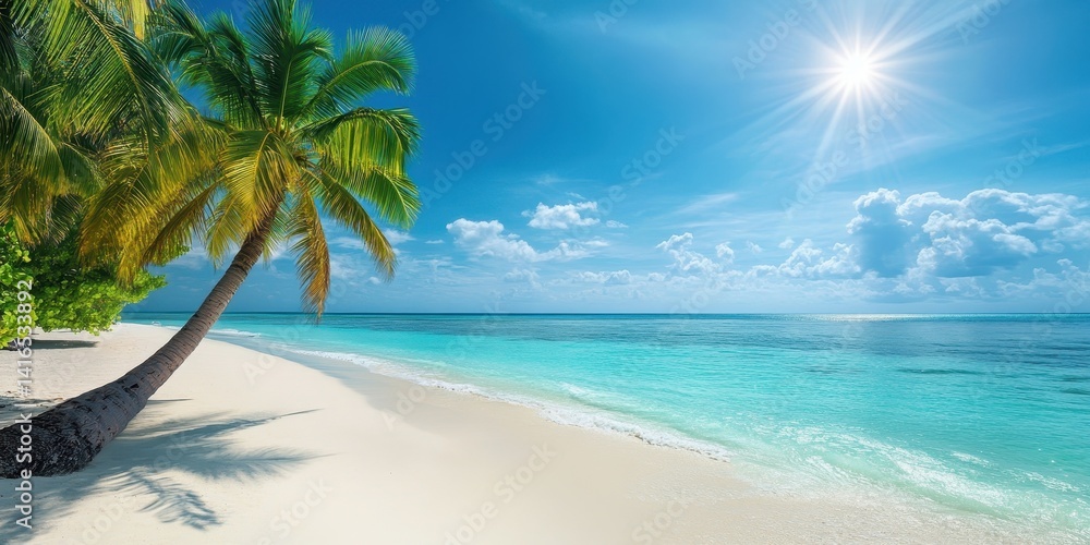 Obraz premium Serene Tropical Beach with Calm Turquoise Water, Palm Trees, Sunlit Sky, and Soft Clouds in a Paradise Setting for Relaxation and Vacation Inspiration