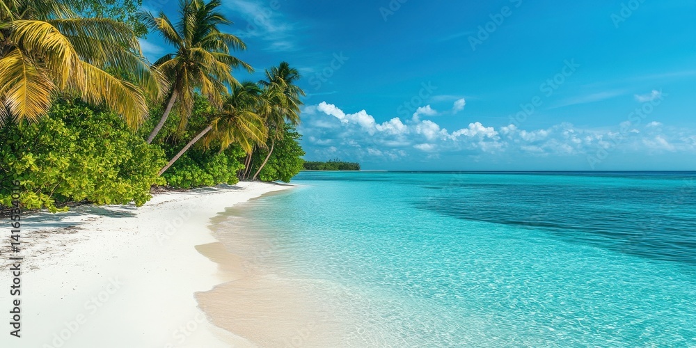 Fototapeta premium Serene Tropical Beach with Clear Turquoise Water and Lush Green Palm Trees Under a Bright Blue Sky on a Sunny Day