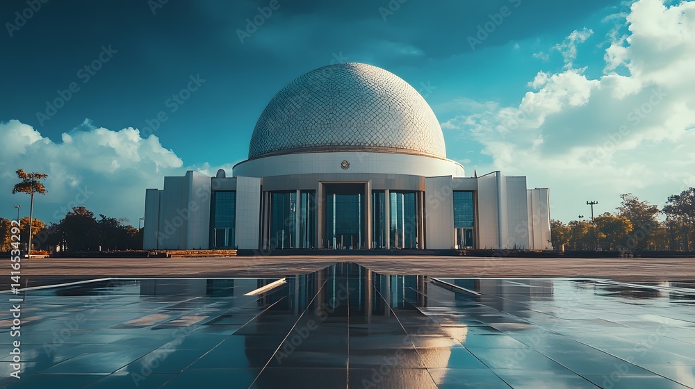 Obraz premium Majestic dome building, tranquil plaza, serene reflection