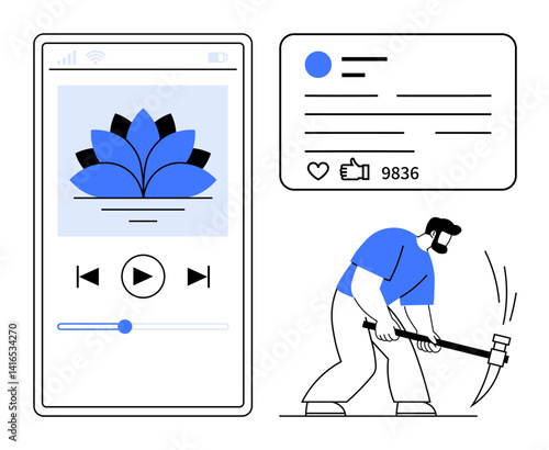 Smartphone music app displaying playback interface. Social media profile card with thumbs ups and comments. Person actively engaged in work. Ideal for creativity, technology, leisure, user interface
