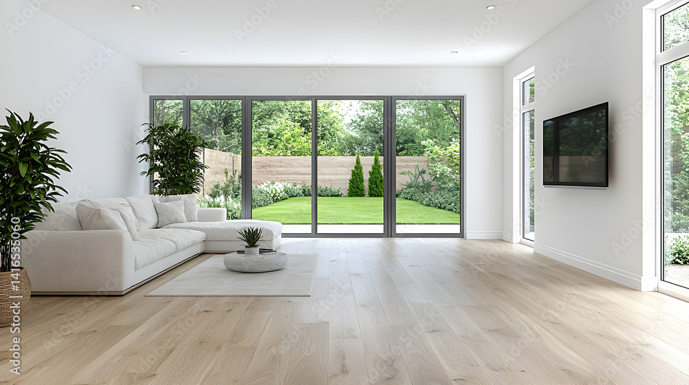 Fototapeta premium Modern living room interior with garden view minimalist design natural light