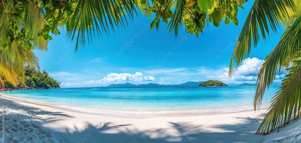Naklejka premium Serene Tropical Beach with Crystal Clear Water and Lush Green Palm Trees in Bright Sunshine, Ideal for Vacation and Relaxation Imagery