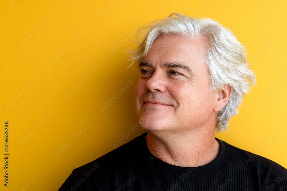 Trendy men's wavy bob haircut - midlife white man with white hair. Concept pattern of style for aging men. Yellow solid background. A gentle smile lighting up a male’s face. Trendy men's wavy bob haircut - midlife white man with white hair. Concept pattern of style for aging men. Yellow solid background. A gentle smile lighting up a male’s face.