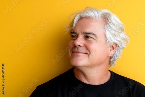 Trendy men's wavy bob haircut - midlife white man with white hair. Concept pattern of style for aging men. Yellow solid background. A gentle smile lighting up a maleâ€™s face.