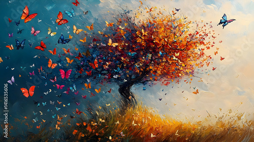 Vibrant autumnal tree with colorful butterflies.