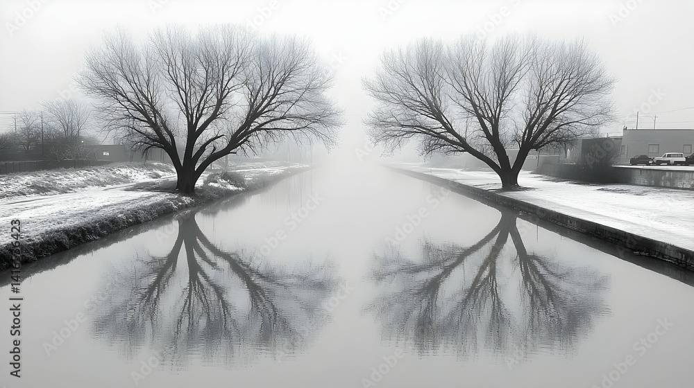 Obraz premium Wintery canal mirroring bare trees in a misty landscape.