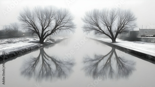 Wintery canal mirroring bare trees in a misty landscape.
