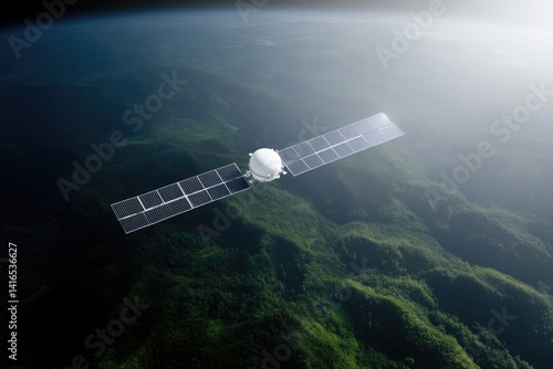 Satellite orbiting Earth, above lush green terrain