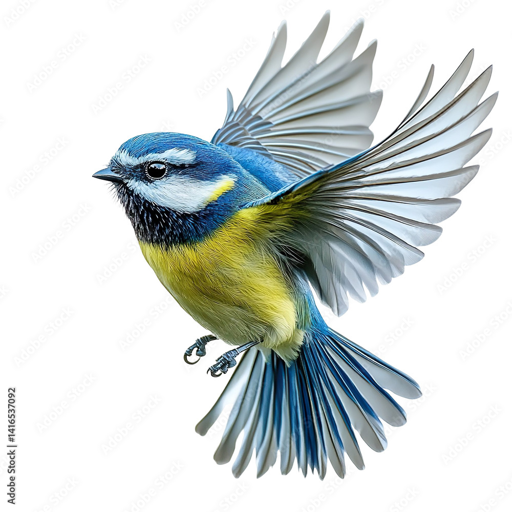 Obraz premium Extreme side view of a perfectly beautiful hyperrealistic single blue tit bird flying mid air isolated on a white transparent background
