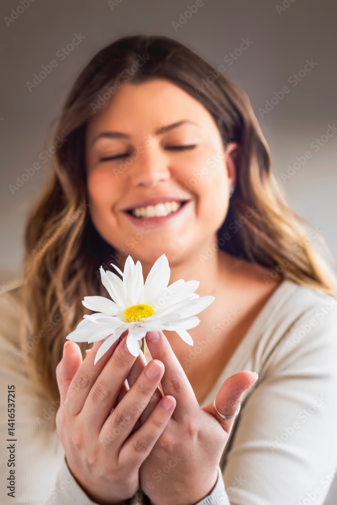 Cheerful woman offering a white daisy flower with closed eyes and smiling Cheerful woman offering a white daisy flower with closed eyes and smiling