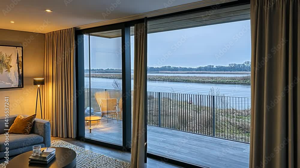 Modern interior with scenic lake view, sliding door, sofa, lamp, and balcony Modern interior with scenic lake view, sliding door, sofa, lamp, and balcony