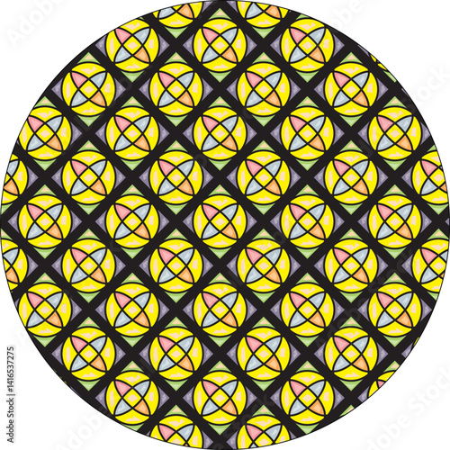A church stained glass window features a geometric pattern with triangle shapes and vintage color decoration