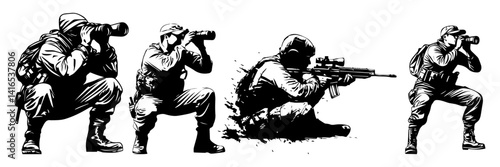 Sniper Soldier Vector Set – Tactical Shooting Pose Silhouettes

