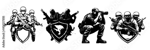 Sniper Soldier Vector Set – Tactical Shooting Pose Silhouettes

