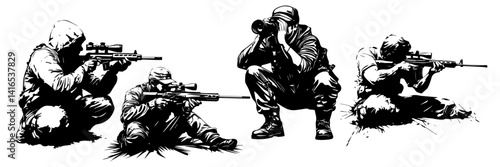 Sniper Soldier Vector Set – Tactical Shooting Pose Silhouettes

