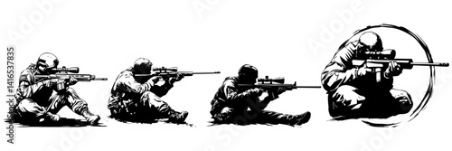 Sniper Soldier Vector Set – Tactical Shooting Pose Silhouettes

