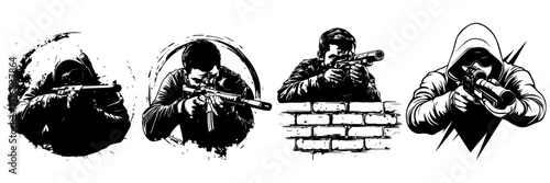 Sniper Soldier Vector Set – Tactical Shooting Pose Silhouettes

