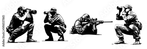Sniper Soldier Vector Set – Tactical Shooting Pose Silhouettes

