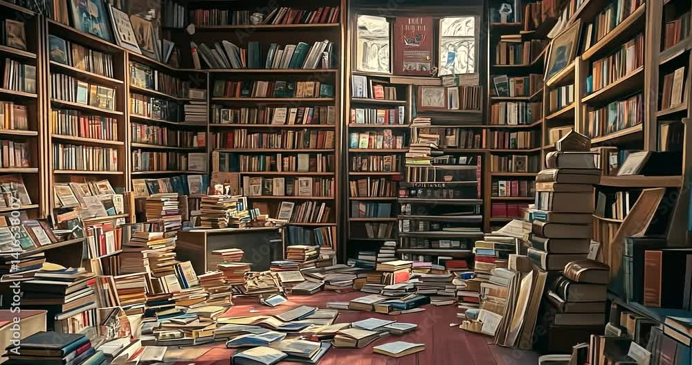 Cozy library filled with books and scattered pages