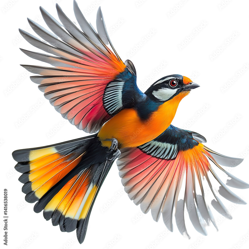 Fototapeta premium Extreme side view of a perfectly beautiful hyperrealistic single narina trogon bird flying mid air isolated on a white transparent background