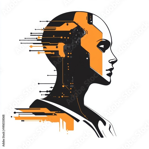 Futuristic Artificial Intelligence Profile Silhouette with Circuitry and Orange Accents
