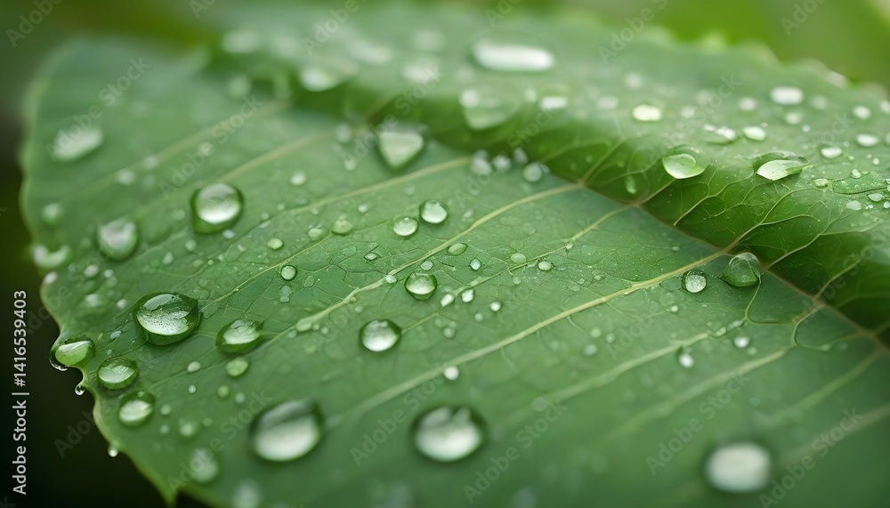 A verdant green leaf is covered in sparkling water droplets, showcasing nature's elegance and freshness. A verdant green leaf is covered in sparkling water droplets, showcasing nature's elegance and freshness.
