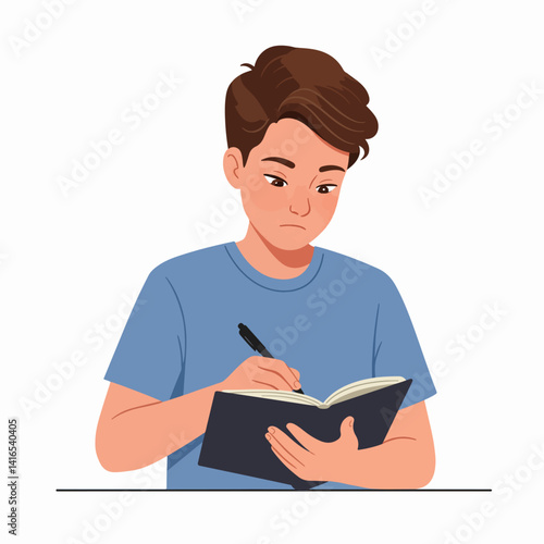 A teenager taking notes, concentrating hard – style flat design, simple, minimalist, plain white background
