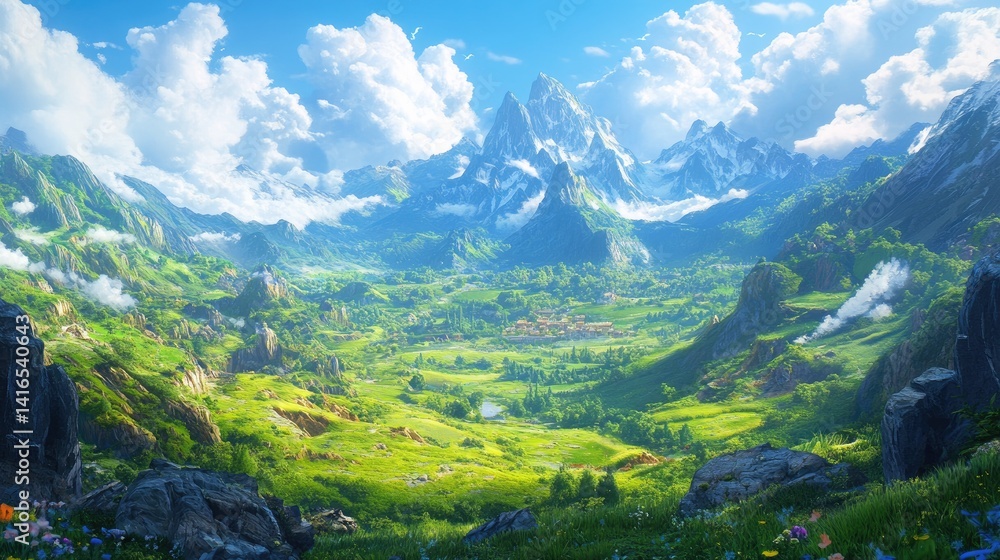 Naklejka premium Majestic alpine landscape scenery with verdant valley and serene atmosphere