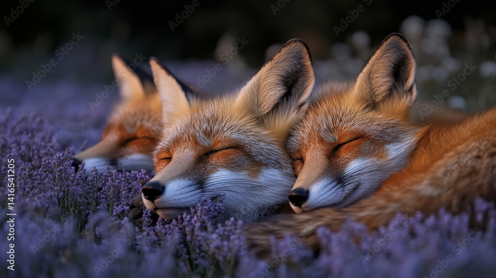 Fototapeta premium Captivating_Trio_of_Red_Foxes_Resting_Tranquilly_Amongst_a_Vibrant_Field_of_Purple_Flowers_during_a_Serene_Evening_Scene