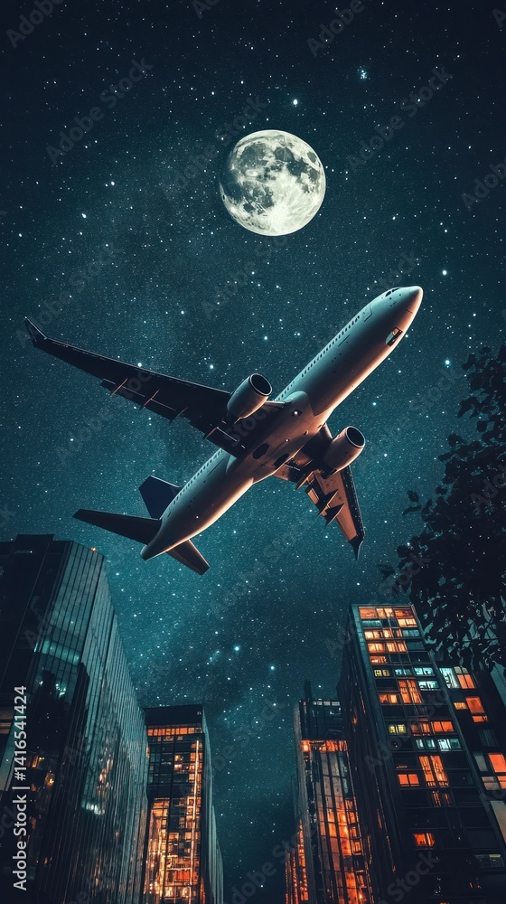 Obraz premium Airplane soaring through the night sky with moon over vibrant cityscapes