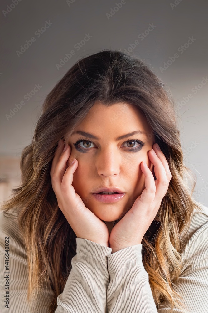 Portrait of a beautiful young woman holding her face with hands Portrait of a beautiful young woman holding her face with hands